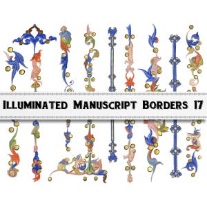 May include: A collection of illuminated manuscript borders in various designs. The borders feature ornate details with blue, gold, red, and green accents. The text "ILLUMINATED MANUSCRIPT BORDERS 17" is displayed across the image.