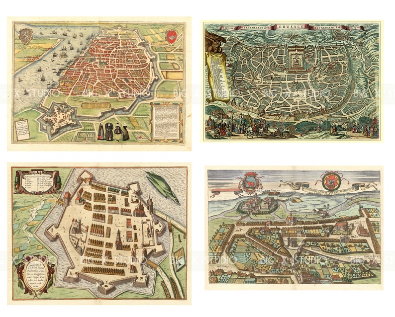 Color Medieval Walled City Map Images / Medieval Renaissance Maps / Digital Download / Commercial Use / Clipart image 4