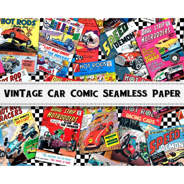 Vintage Racing Car Comic Seamless Digital Paper / Scrapbook Wallpapers / Hot Rod Journal Graphics / Commercial Use Included