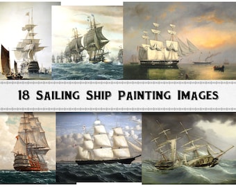 Può includere: Un collage di 18 dipinti vintage che raffigurano navi a vela sul mare aperto. I dipinti sono in vari stili e presentano navi di diverse dimensioni e tipi. I dipinti sono tutti incorniciati e esposti su uno sfondo bianco.