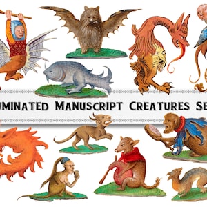 Medieval Illuminated Manuscript Creatures Set 2, Digital Download, Commercial Use Clipart, Mythical Beast Animals