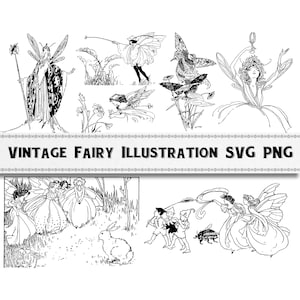 Puede incluir: Ilustraciones en blanco y negro de hadas, mariposas y otras criaturas caprichosas. Las ilustraciones son de estilo vintage y serían perfectas para scrapbooking, creación de tarjetas u otros proyectos de manualidades.