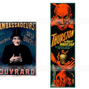 Pu&ograve; includere: Due manifesti vintage. Il primo presenta un uomo con cilindro con il testo "AMBASSADEURS" e "OUVRARD". Il secondo manifesto pubblicizza "THURSTON THE GREAT MAGICIAN" con una figura diabolica e un teschio.