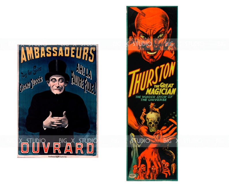 Pu&ograve; includere: Due manifesti vintage. Il primo presenta un uomo con cilindro con il testo "AMBASSADEURS" e "OUVRARD". Il secondo manifesto pubblicizza "THURSTON THE GREAT MAGICIAN" con una figura diabolica e un teschio.