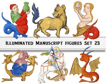 Medieval Manuscript Art, People and Creatures Set #23, Commercial Use (Digital Download)