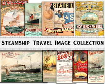 Può includere: Una collezione di manifesti di viaggio vintage che pubblicizzano linee di navi a vapore. I manifesti presentano illustrazioni colorate di navi, bandiere e destinazioni. Alcune delle linee pubblicizzate includono la Cunard Line, la Hamburg American Packet Company e l'Anchor Line. I manifesti sono un ottimo esempio di pubblicità di viaggi di inizio XX secolo.