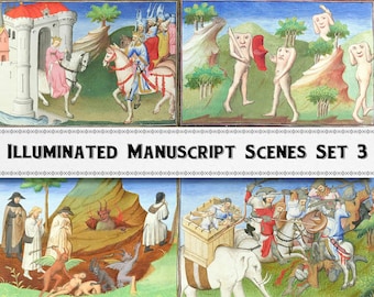 Medieval Manuscript Scenes Clipart, Knights, Castles, Monsters (Digital Download)