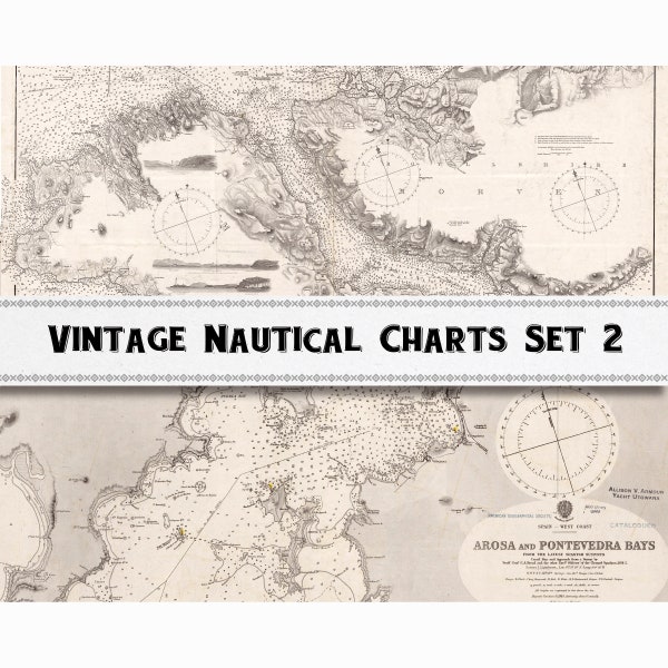 Vintage Nautical Chart Images Set 2 / Coastal Maps / Digital Download / Commercial Use / Sailing Clipart