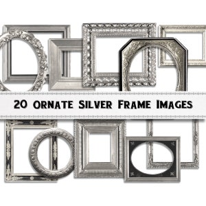 Peut inclure: Une collection de cadres photo argentés ornés de différentes formes, dont des modèles ovales, carrés et rectangulaires. Les cadres présentent des ornements détaillés et sont disposés sur un fond blanc. Le texte "20 ORNATE SILVER FRAME IMAGES" est affiché.