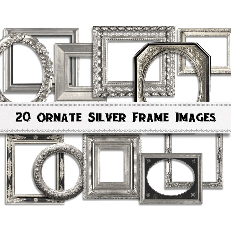 May include: A collection of ornate silver picture frames in various shapes and sizes, including oval, square, and rectangular designs. The frames have detailed embellishments and are arranged against a white background. The text "20 ORNATE SILVER FRAME IMAGES" is displayed.
