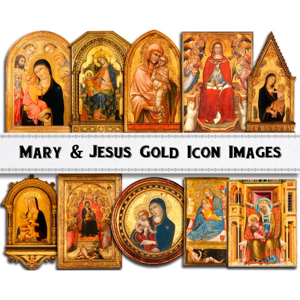 Vintage Virgin Mary and Jesus Gold Icon PNG Images / Digital Download / Commercial Use / Overlay Clipart