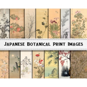 Puede incluir: Una colección de 12 imágenes de impresión botánica japonesa vintage. Las imágenes presentan diversas plantas y flores, incluyendo flores de loto, bambú, cerezos en flor y amapolas. Las impresiones son en blanco y negro y en tonos de marrón, amarillo y rojo.