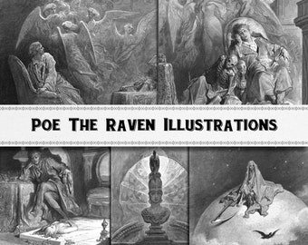 Edgar Allan Poe, The Raven Engraving Illustration Images / Digital Download / Gothic Literature / Commercial Use