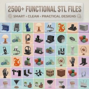 Puede incluir: Una cuadrícula de objetos renderizados en 3D, que incluyen lámparas, soportes y elementos decorativos. La imagen presenta el texto "2500+ FUNCTIONAL STL FILES" encima de la cuadrícula, con las palabras "SMART • CLEAN • PRACTICAL DESIGNS" debajo.