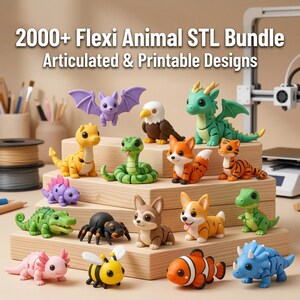 May include: A collection of colorful, articulated animal figurines, including a bat, eagle, dragon, tiger, snake, fox, and more. The figurines are displayed on wooden blocks, with the text "2000+ Flexi Animal STL Bundle" above.