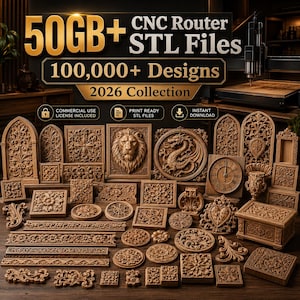 May include: A collection of intricately carved wooden designs, including panels, frames, and decorative elements. The image features a variety of shapes and sizes, with a lion, dragon, and clock face. Text on the image reads "50GB+ CNC Router STL Files, 100,000+ Designs, 2026 Collection."