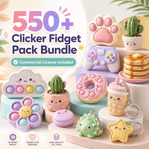 Peut inclure: Une collection de jouets fidget clicker colorés de différentes formes, dont une empreinte de patte, un cactus, une manette de jeu, un donut, un nuage, une fleur et un dinosaure. Le texte "550+ Clicker Fidget Pack Bundle" est inclus.