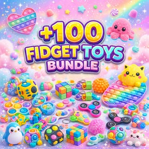 Può includere: Un'immagine vivace che mostra una collezione di oltre 100 giocattoli antistress. L'assortimento include pop-it, spinner, cubi e peluche, tutti in colori vivaci e giocosi. Il testo "+100 Fidget Toys Bundle" è ben visibile.