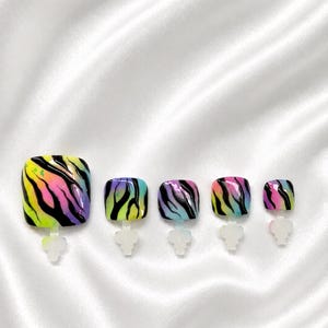 Può includere: Un set di cinque unghie finte per piedi con finitura lucida, sfondo sfumato arcobaleno e strisce zebrate nere. Ogni unghia è di forma quadrata ed è fissata a una piccola linguetta di plastica trasparente per la presentazione.