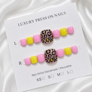 Zehennägel zum Aufkleben mit Leopardenmuster in Pink und Gelb | Sommer-Pediküre | Wiederverwendbare künstliche Zehennägel | Handgefertigte Luxus-Zehennägel