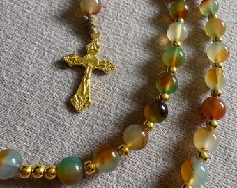 Handmade Rosary | Earthy Marbled Beads in Moss, Amber & Cream | Catholic Gift