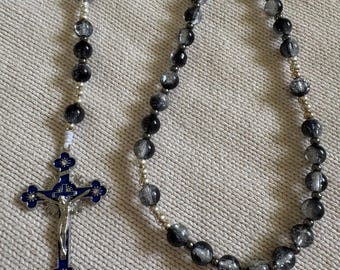 Handmade Rosary | Black Crackle Beads with Blue Crucifix | Catholic Gift