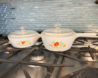 Vintage CorningWare Pyroceram Saucepan Set with Pyrex Lids, Wildflower Pattern 1 pt & 1.5 pt