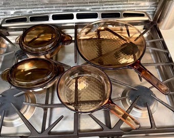 Vintage Vision Ware Skillet and Dishes, 4 piece set Made in the USA