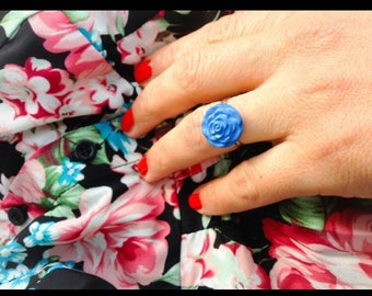 Ring ethical Blume Hippie slowfashion ecofashion karmafree Silber blau 70‘s vintage