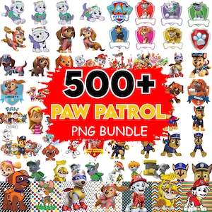 Könnte beinhalten: Eine Sammlung von Paw Patrol PNG-Bildern, die verschiedene Charaktere in Action-Posen und Abzeichen zeigen. Der Text "500+ PAW PATROL PNG BUNDLE" wird in großen, fetten Buchstaben auf rotem Hintergrund angezeigt, was auf ein digitales Produkt hindeutet.