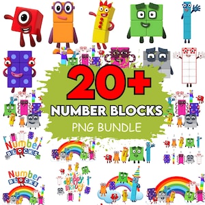 以下が含まれることがあります： 赤、オレンジ、黄色、緑、青のブロックを含む、カラフルな Number Blocks のキャラクターのコレクション。画像には、テキスト「20+ NUMBER BLOCKS PNG BUNDLE」とその他のテキスト、虹のグラフィックが表示されています。