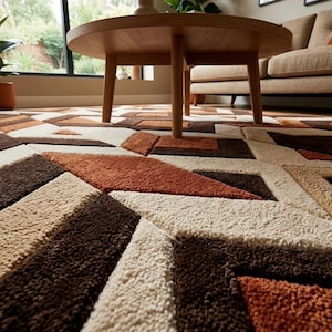 Könnte beinhalten: Ein gemusterter Teppich in Braun-, Beige- und Orangetönen. Der Teppich weist ein sich wiederholendes Muster aus rechteckigen und rautenförmigen Formen auf. Ein Holztisch mit vier Beinen steht darüber.