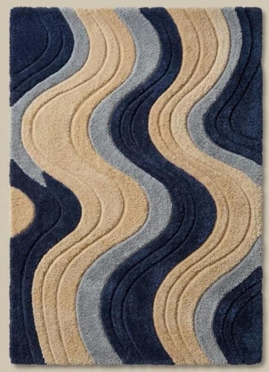 Modern Abstract Hand Tufted Wool Rug, Blue Beige Wavy Pattern Area Rug ...