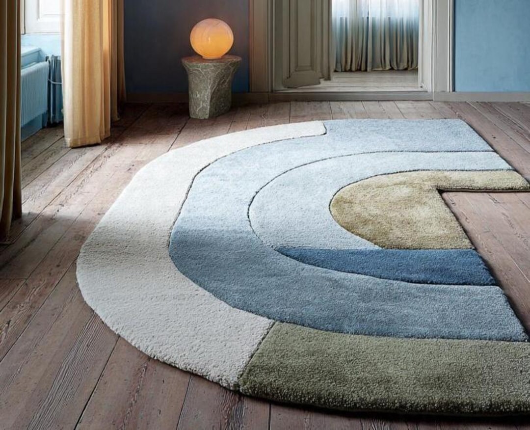 Shaped Irregular Rug | Modern Curved Abstract Area Rug in Blue & Sage ...
