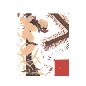 May include: Abstract art print with a mix of shapes and colours. The artwork features brown, beige, and white brushstrokes, with a red square in the bottom right. The style is reminiscent of modern art.