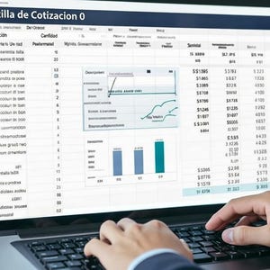 Puede incluir: Un portátil muestra una hoja de cálculo titulada "Plantilla de Cotizacion 0". La pantalla muestra tablas de datos y gráficos. Unas manos teclean en el teclado. La hoja de cálculo incluye datos financieros.