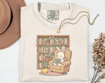 Reading Bunny Shirt, Easter Bunny Graphic Tee, Cottagecore Book Lover Shirt, Cute Spring Rabbit Top, Cozy Library, Pastel Easter Gift