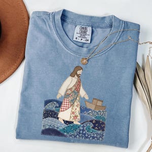 Jesus Walking on Water Patchwork Quilt Comfort Colors Shirt Cottagecore Christian Tee Faith Shirt Religious Gift