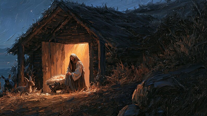 Nativity Scene Making Nativity Scene Frame TV Art, Mary and Child in a Hillside Barn Under ...
