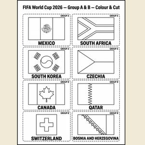 以下が含まれることがあります： 「FIFA World Cup 2026 – Group A & B – Colour & Cut」と題された白黒の印刷可能なアクティビティシート。メキシコ、南アフリカ、韓国、チェコ、カナダ、カタール、スイス、ボスニア・ヘルツェゴビナの8つの国旗の輪郭が描かれています。