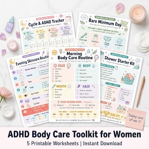 Può includere: Un set di cinque fogli di lavoro stampabili per un kit di cura del corpo ADHD con illustrazioni dai colori pastello e testo che include Cycle & ADHD Tracker, Bare Minimum Day, Evening Skincare Routine, Morning Body Care Routine e Shower Starter Kit.