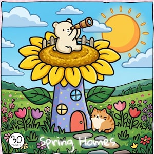 Könnte beinhalten: Eine Ausmalbild-Illustration mit einem weißen Bären, der ein Fernrohr auf einem großen gelben Sonnenblumenhaus mit lila gepunktetem Stiel benutzt. Eine kleine orangefarbene getigerte Katze sitzt im Gras neben Blumen und dem Text Spring Homes.