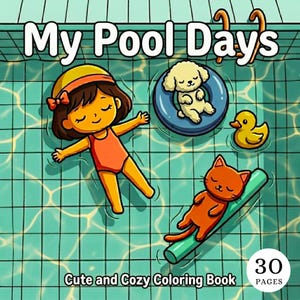 May include: A coloring book cover titled "My Pool Days" features a cartoon illustration of a girl, a dog in a float, a rubber duck, and a cat relaxing in a pool. The text "Cute and Cozy Coloring Book" and "30 Pages" are also included.