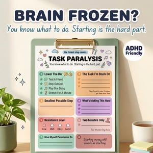 Op de afbeelding: Een werkblad voor taakverlamming op een groen klembord met de tekst BRAIN FROZEN? You know what to do. Starting is the hard part. Het blad bevat acht genummerde secties met aanwijzingen zoals Lower The Bar, Smallest Possible Step en Resistance Level, versierd met kleine kleurrijke iconen en sterren.