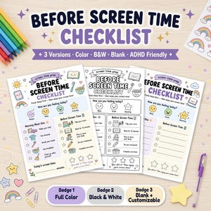 Könnte beinhalten: Ein Before Screen Time Checklisten-Set mit drei Versionen: farbig, schwarz-weiß und leer. Jedes Blatt enthält Abschnitte für tägliche Aufgaben wie das Bett machen, Zähneputzen und Lesen, mit Sternsymbolen zur Verfolgung des Fortschritts.