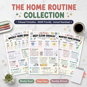 Op de afbeelding: Een verzameling van drie printbare huishoudelijke checklists genaamd The Home Routine Collection, bestaande uit een Weekly Home Reset, Deep Clean Checklist en Monthly Home Refresh met kleurrijke iconen en tekst.