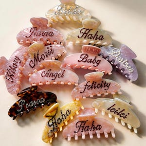 Könnte beinhalten: Eine Sammlung verschiedener Haarspangen in Rosa-, Braun- und Cremetönen. Jede Spange hat einen Namen, der mit Strasssteinen geschrieben ist. Die Spangen bestehen aus einem marmorierten, durchscheinenden Material und halten das Haar.