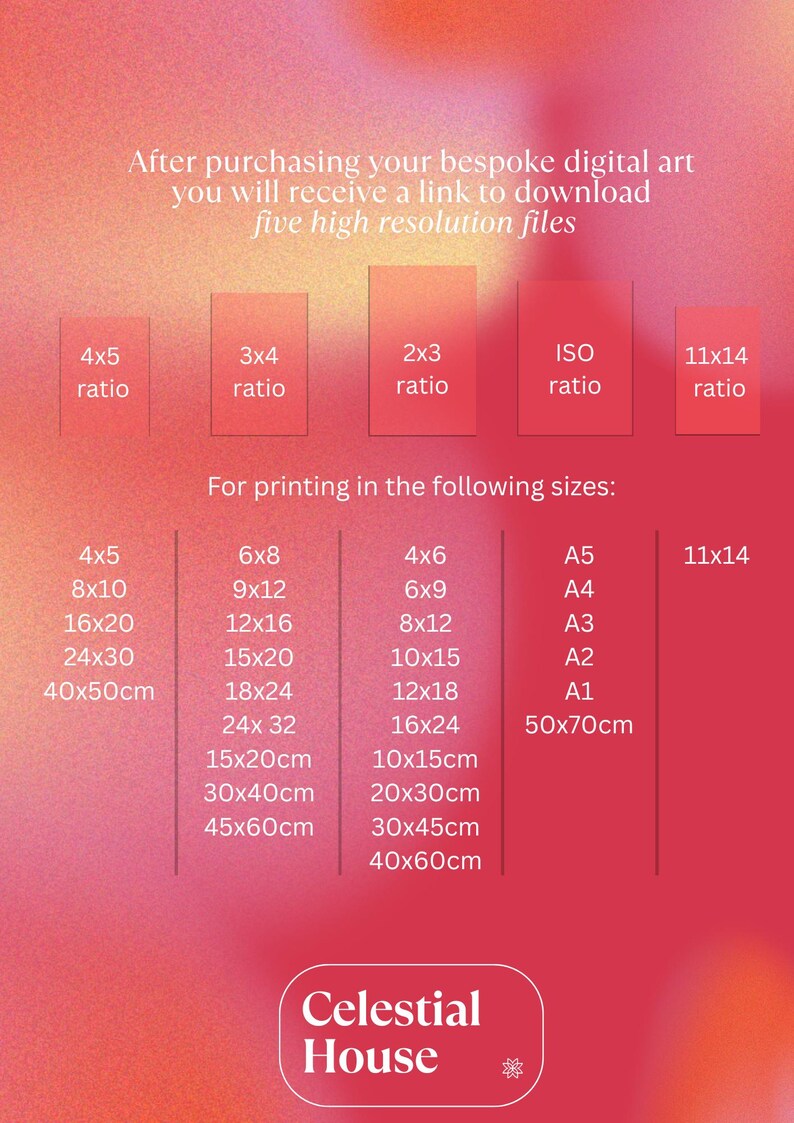 May include: A pink and white graphic with text detailing digital art print sizes and ratios. Includes sizes like 4x5, 8x10, 16x20 inches, and A5, A4, A3, A2, A1 sizes, plus 50x70cm. The text also mentions "Celestial House".