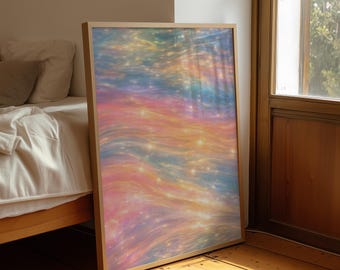 Pastel Abstract Digital Wall Art Print, Dreamy Rainbow Waves, Soft Pink Bedroom Decor