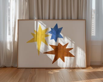 Abstract Digital Star Wall Art Print – Yellow Blue Brown Minimalist Modern Art